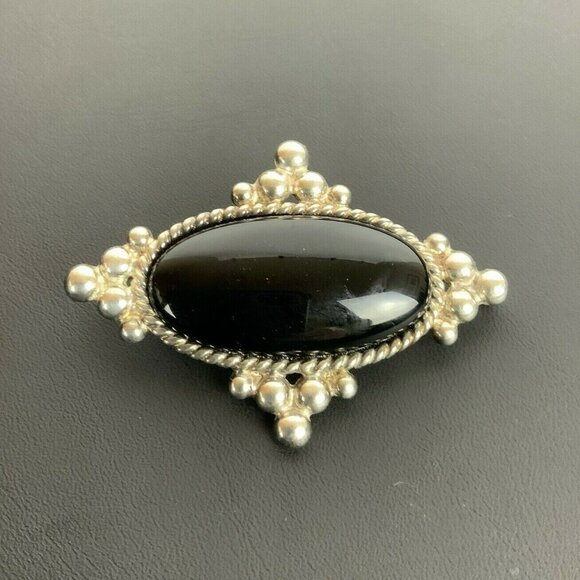 Vintage Southwestern Boho Silver Plate Brooch Pin Pendant With Black Onyx Stone - Picture 2 of 6